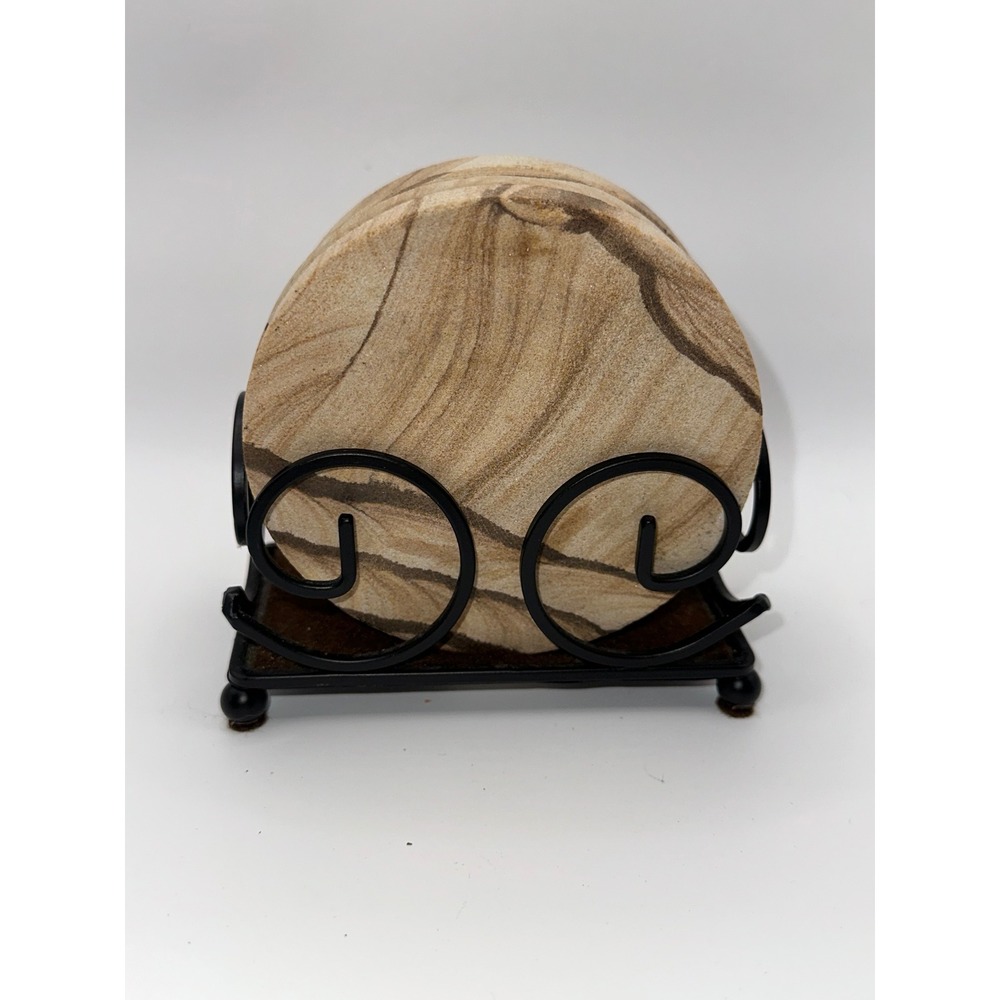 Thirstystone Natural Sandstone Coasters Set of 4 with Black Iron Holder Brown